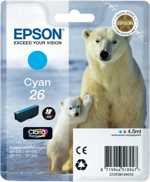Epson Tinte 26 Eisbär Cyan für Expression Premium XP-600 XP-605 XP-700 XP 800