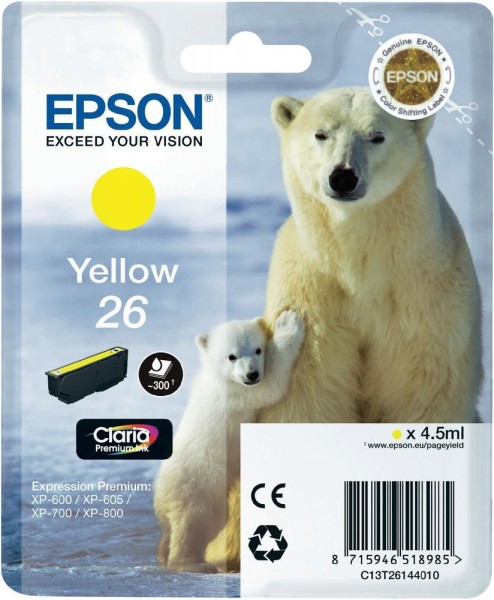 Epson Tinte 26 Eisbär Yellow für Expression Premium XP-600 XP-605 XP-700 XP 800