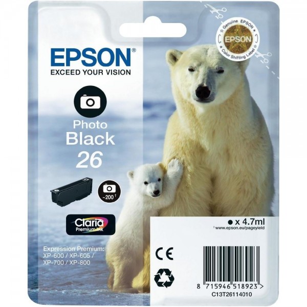 Epson Tinte 26 Eisbär Photo Black für Expression Premium XP-600 XP-605 XP-700 XP 800