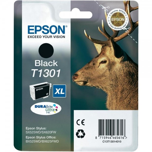 Epson Hirsch Tintenpatrone T1301 Black XL Stylus SX525WD SX620FW BX525WD BX625FDW WF-7015 WF-7525