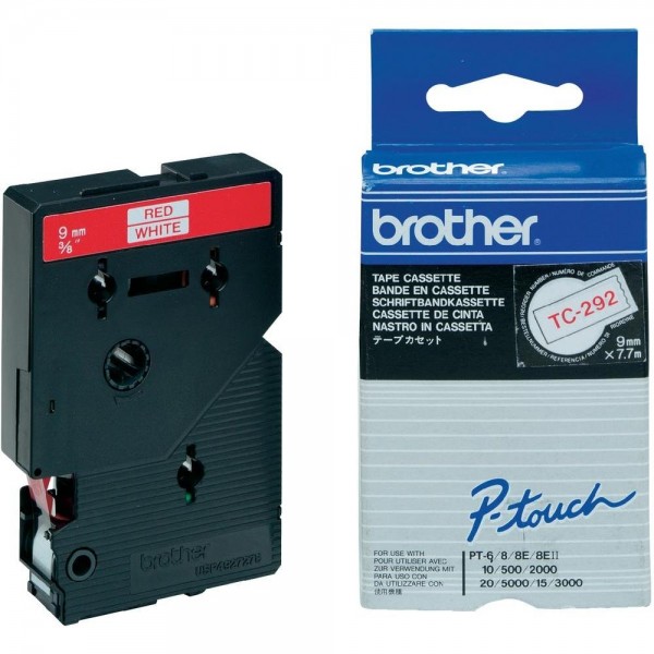 Brother TC292 P-TOUCH 9mm Rot auf Weiß 7,7m laminated