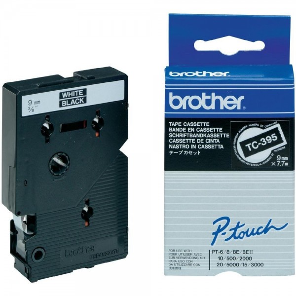 Brother TC395 P-TOUCH 9mm Weiß auf Schwarz 7,7m laminated