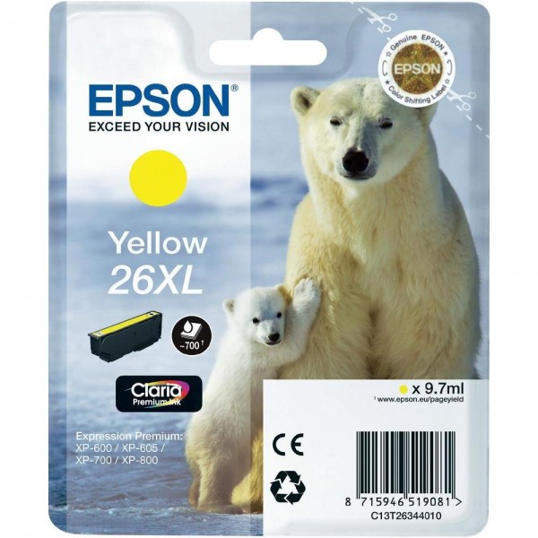 Epson Tinte 26XL Eisbär Yellow für Expression Premium XP-600 XP-605 XP-700 XP 800